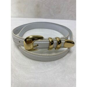 VTG Womens White Leather Skinny Dressy Belt Gold Tone‎ Buckle Metal Tip 37 Inch